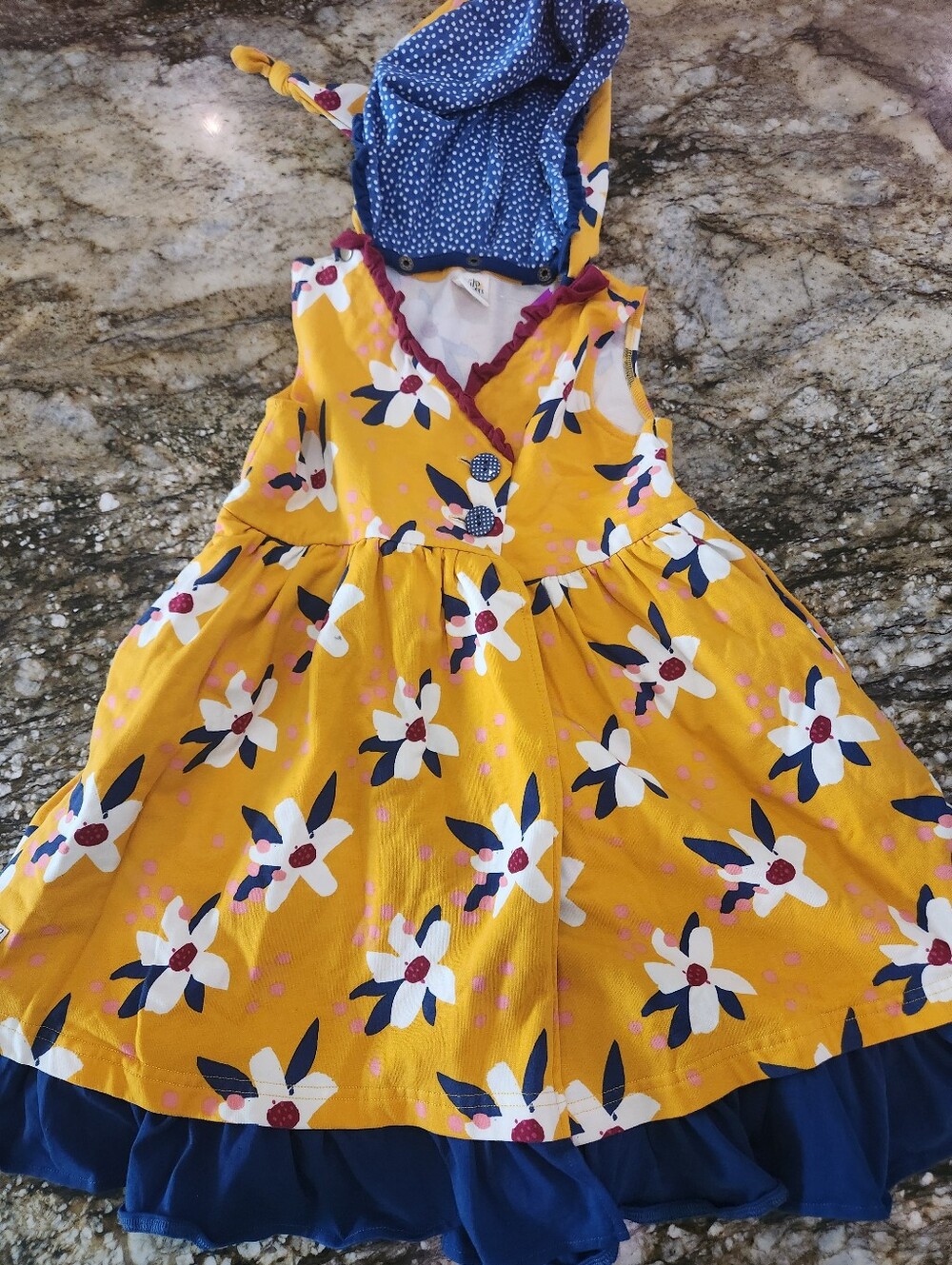 Wildflowers Yellow Floral Dress with Navy Hood and Trim